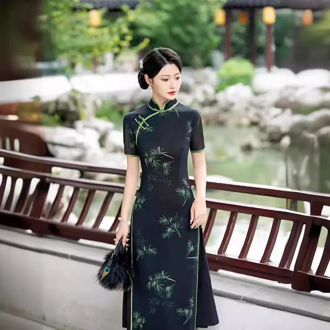 Yourqipao черный китайский традиционный Cheongsam новый стиль 2024 молодой облегающее