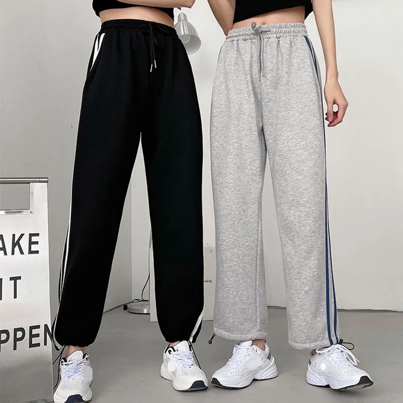 

ZELI Summer Korean Women's Pants Loose Elastic Waist Drawstring Sweatpants Striped Streetwear Trousers Straight Female Pants