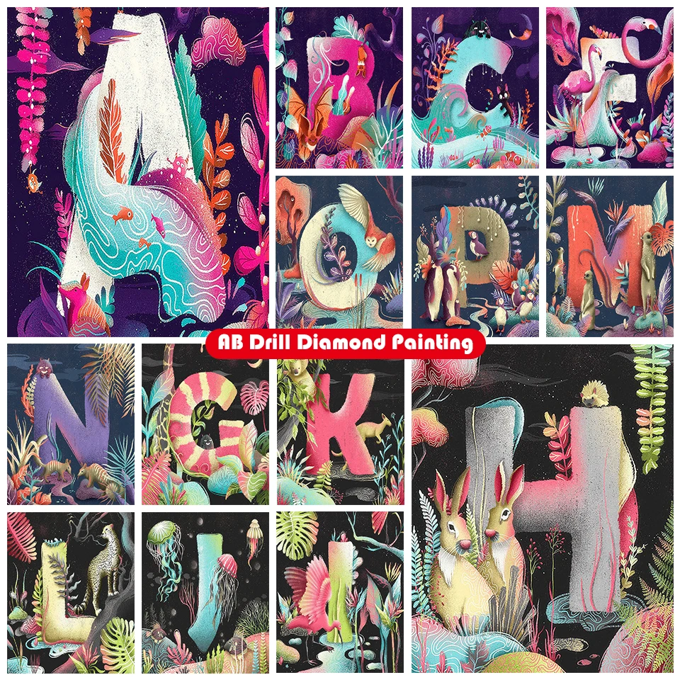 

Abstract English Letters 5D DIY AB Diamond Painting Kit Landscape Animals Full Square Diamond Embroidery Mosaic Home Decor