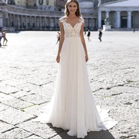 2022 boho wedding dress a line v neck cap sleeve lace appliques sequined button floor length sweep train formal bride gown