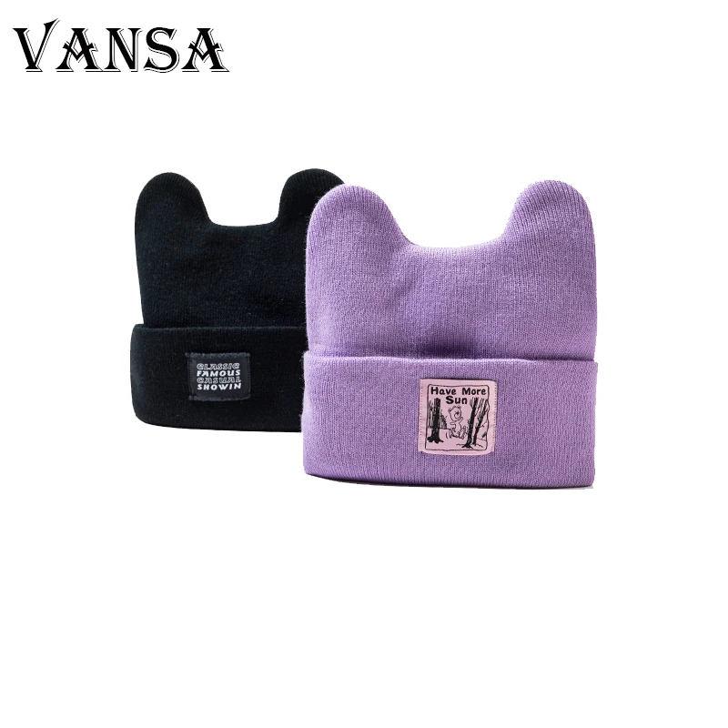 

Lovely Cat Ears Knitted Hat Women Solid Color Winter Warm Hats Lady Kawaii Winter Beanies Casual Wool Caps