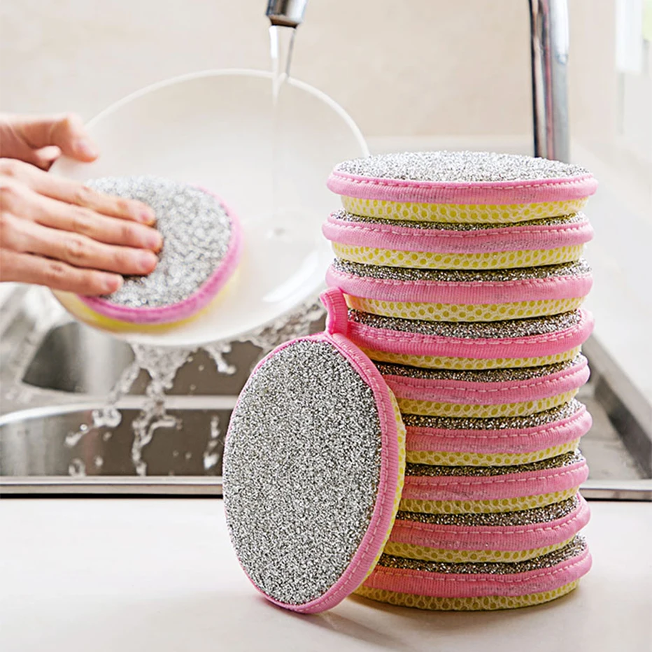 

10pcs Round Kitchen Cleaning Sponge Double-sided Dishwashing Towel Pan Pot Dish Clean Washing Cloth Household Cleaning Tools