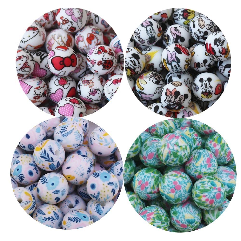 

New Colors 50Pcs 100Pcs Leopard Print Silicone Beads 15mm Christmas Daisy Lotus Leaf Cow Paw Mouse Flower Camo Teething Balls