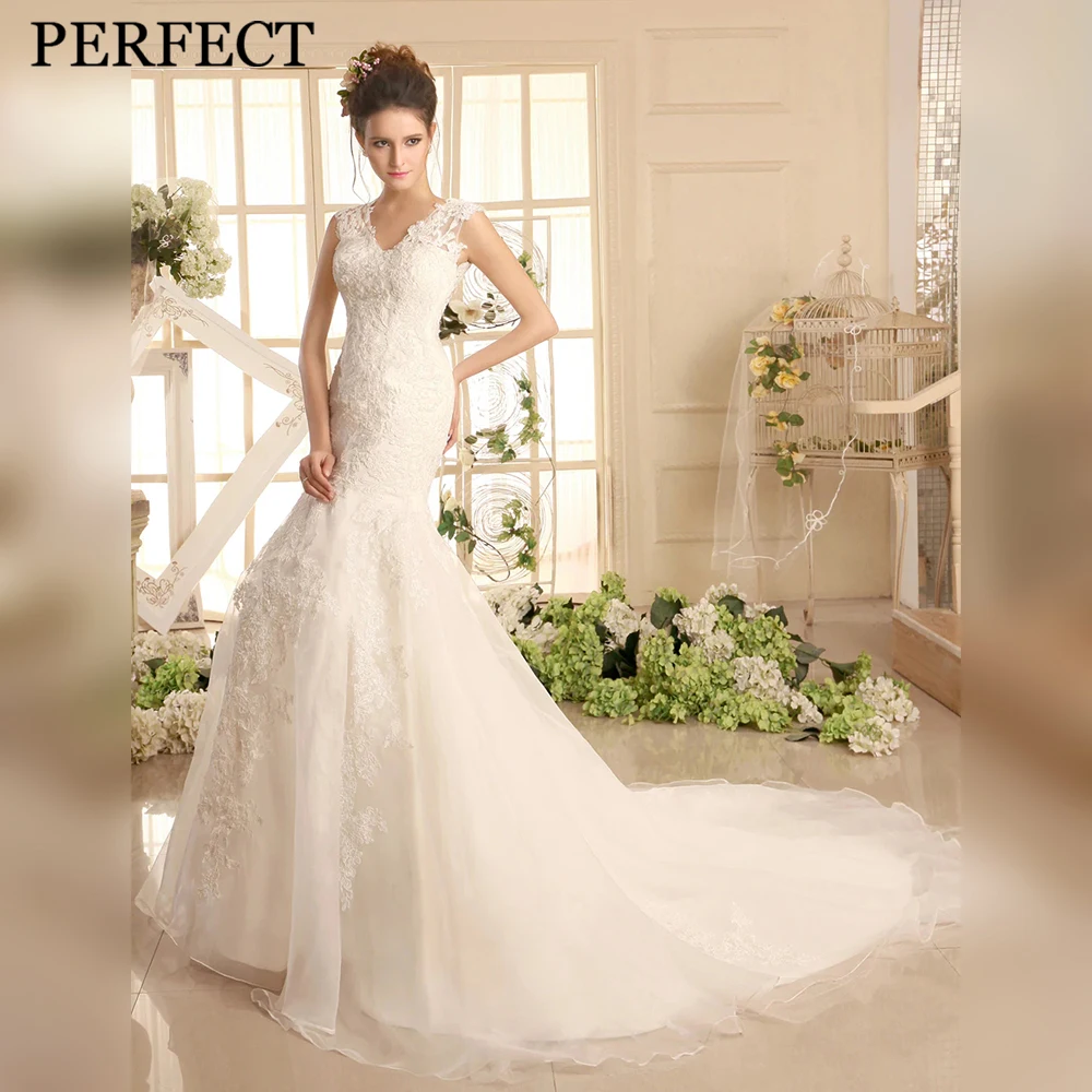 

PERFECT Wedding Dresses For Woman Exquisite V-Neck Mermaid Illusion Back Appliques Sleeveless Court Train Robe De Mariee