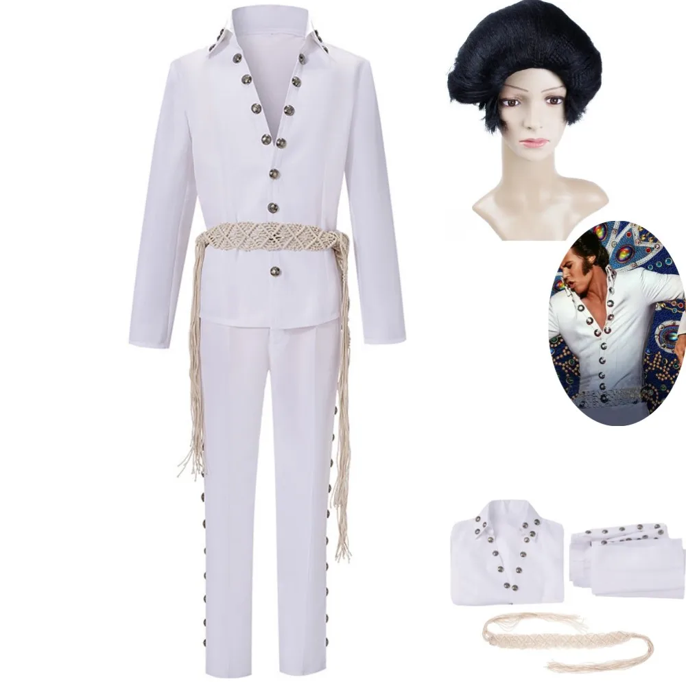 

Newest Movies Elvis Presley Cosplay Costume The King Wig White Long Sleeved Uniform Man Halloween Masquerade Ball Suit