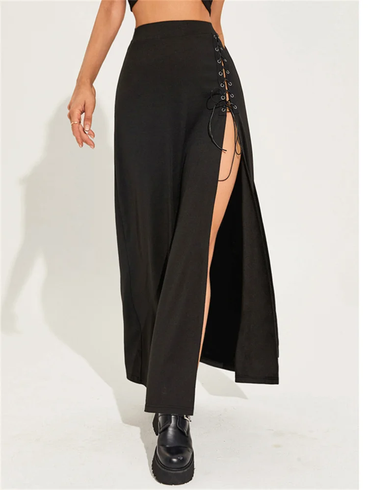 

2023 New Vintage Women Girl's Black Side Slit Skirt Y2K Summer Streetwear High Waist Mid-Calf Preppy Style Lace-up Pleated Skirt