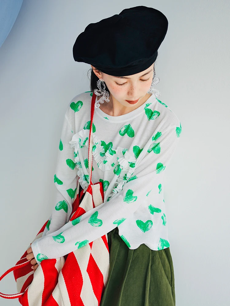 

Imakokoni Long sleeve round neck pullover T-shirt Women's spring/summer patchwork heart pattern top