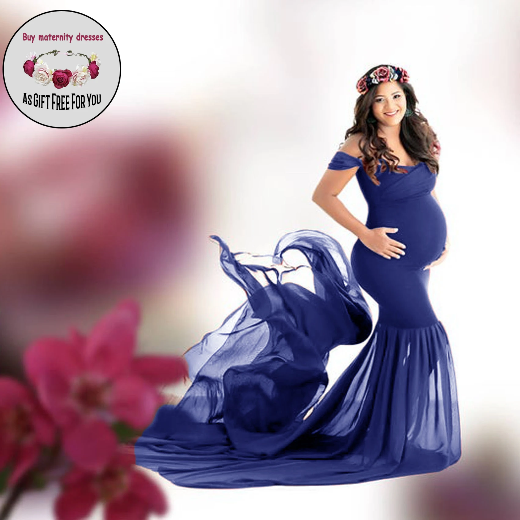 

Maternity Dress for Photography Off Shoulder Chiffon Gown Split Front Maxi Pregnancy Dresses for Photoshoot