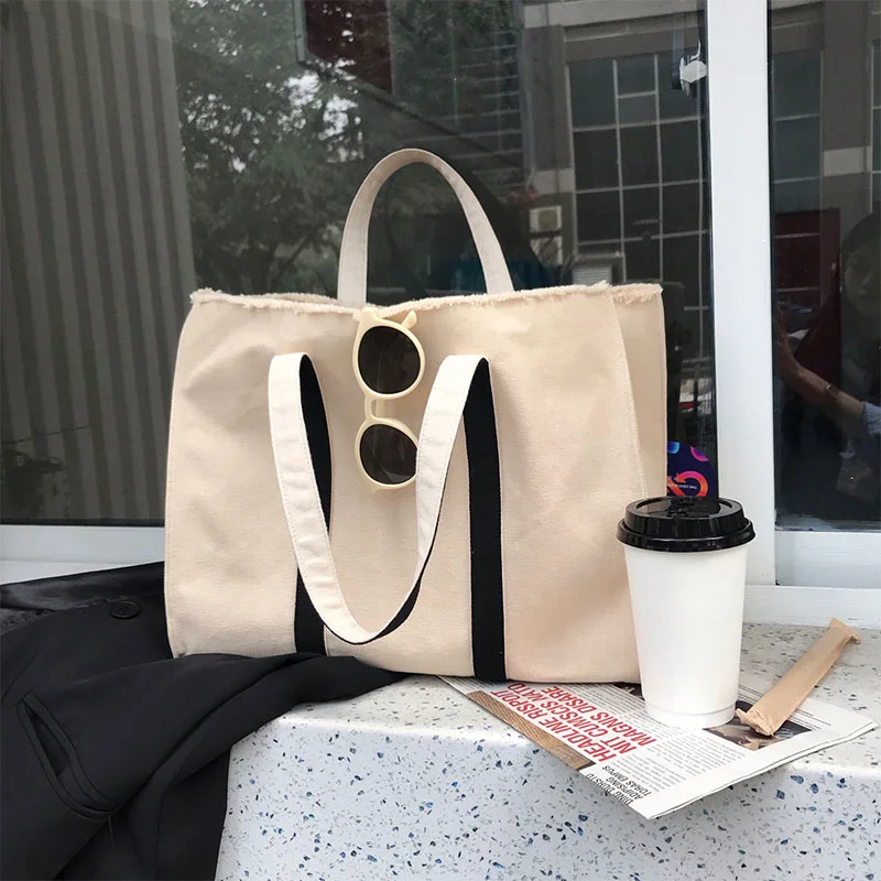 

Casual Solid Color Canvas Leather Tote Shoulder Bags For Women Large Capacity Simple Handbags Korean Style 가방 сумка через плечо