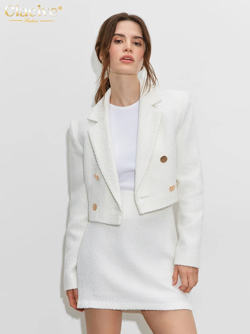 

Clacive Winter Slim White Office 2 Piece Sets Women Outfit Fashion Long Sleeve Crop Top With High Waist Mini Skirt Set Female