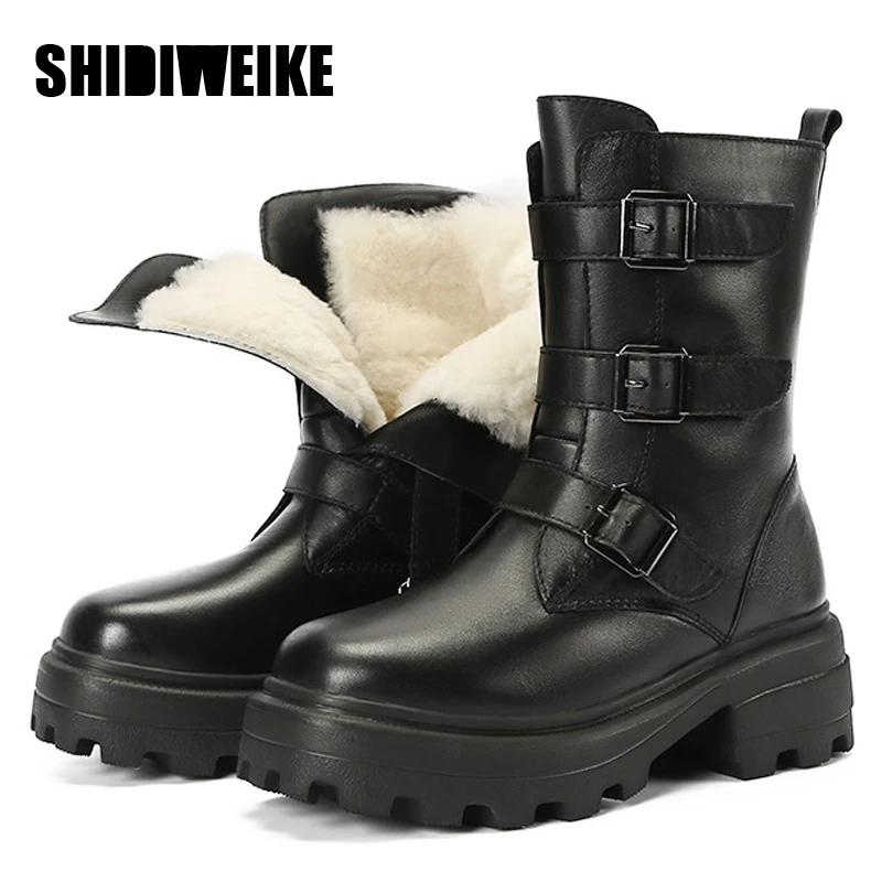 

Natural Cow Leather Winter Boots Women Natural Wool Super Warm Comfortable Non-Slip Women Snow Boot Buckle Square Heel Boots