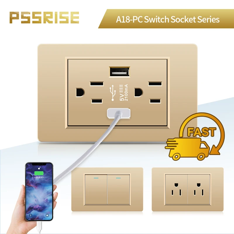 

PSSRISE US Standard Wall Switch Socket Gold PC Panel DIY Multifunctional Switch Power Outlet USB Combination 118mm*72mm