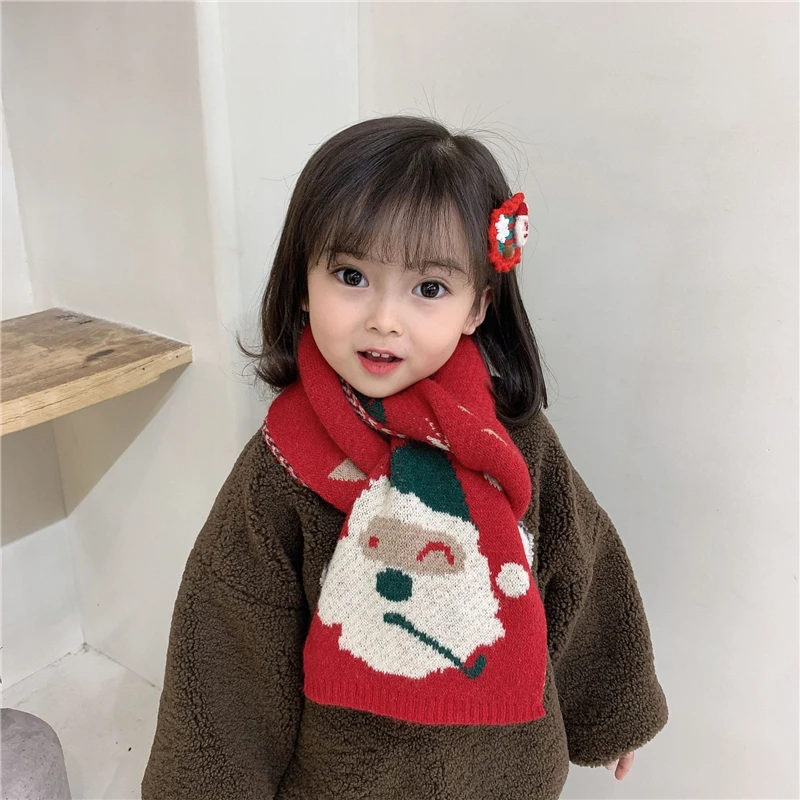 

Christmas Scarf Children Neckerchief Santa Claus Shawl Winter Red Knitted Warm Cute Long Scarve Christmas Gift For Boy Girl Kids