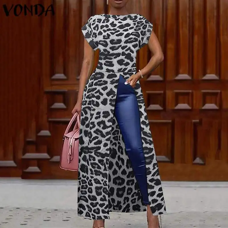 

VONDA 2022 Summer Blouse Casual Asymmetrical Long Tops Tunics Bohemian Blusa Lady Leopard Print Split Short Sleeve Chemise Shirt