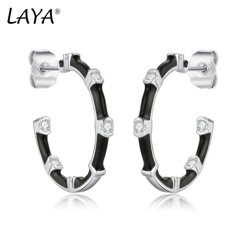 

LAYA Hoop Earrings For Women Sparkling Zircon Handmade Black Enamel 100% 925 Sterling Silver Piercing Ear Original Fine Jewelry