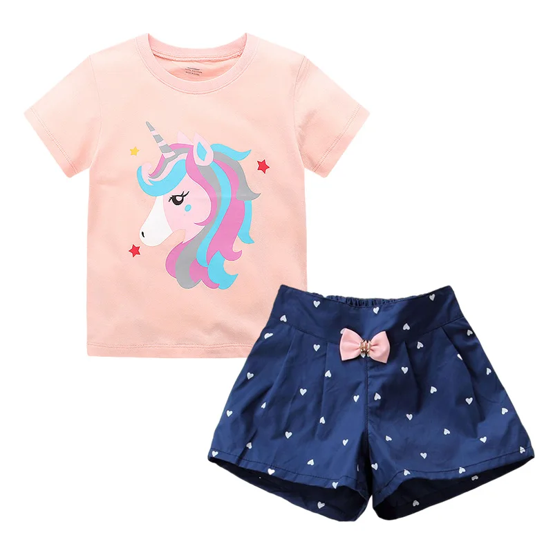 

Girls Clothing Sets 2022 Summer Kids Clothes Cartoon Unicorn Short Sleeve T-shirt + Bow Shorts 2Pcs Cotton Children Clothing