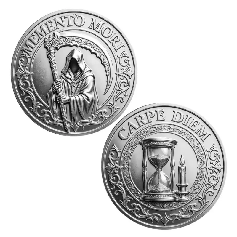 Фото Памятный жетон «Memento Mori Carpe Diem» с изображением Смерти, позолоченная металлическая монета, философия стоицизма, коллекционный сувенир №1