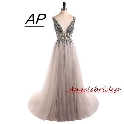 

Backless Evening Dress 2021 Charming V-Neck Tulle Vestido De Festa Longo Sparkly Crystal Beading Long Evening Gowns