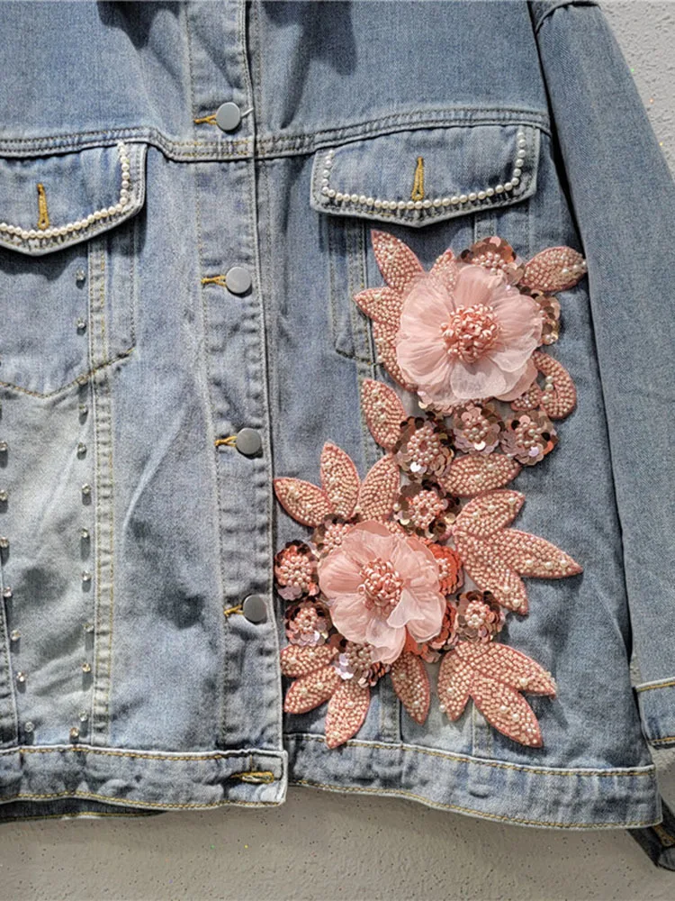 Женская джинсовая куртка DEAT с длинным рукавом и отложным воротником 3D заклепками