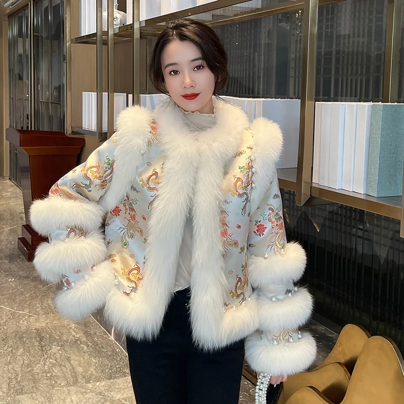 Winter 2022 Faux Fox Fur Jacket Women Cropped Overcoat Fashion Year Loose Beaded Embroidered Warm Parka Female Outwear Casaco