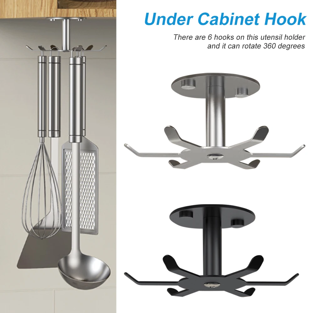 

Under Cabinet Hook Rotating Kitchen Utensil Holder 6 Hooks Stainless Steele Utensil Hanging Rack with Screw for Kitchen Bathroom