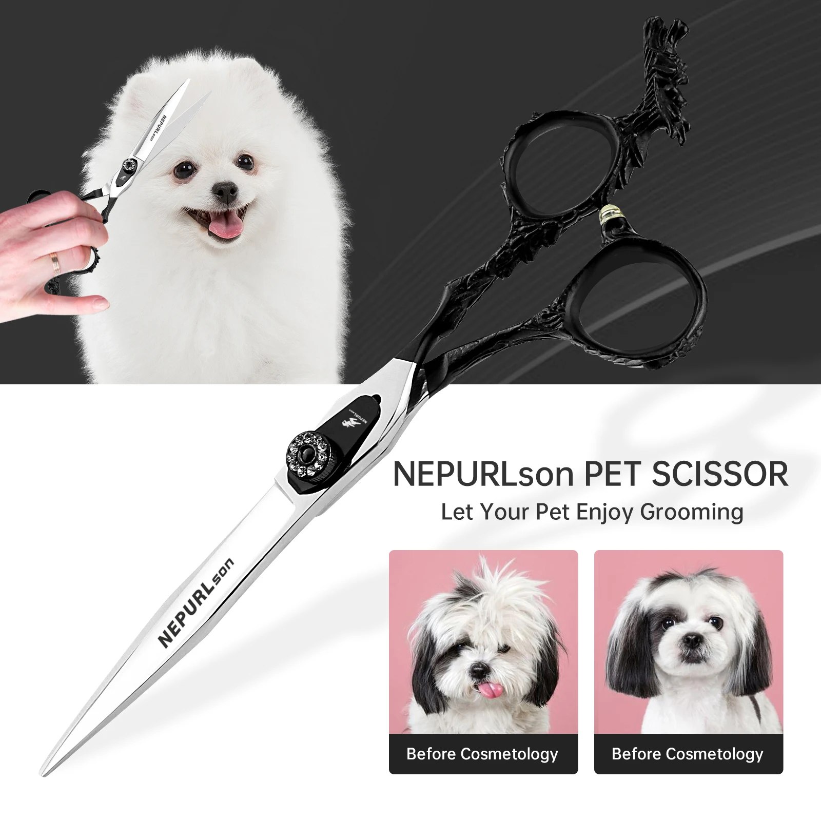 Фото Fenice Professional 7,0-дюймовые JP440C прямые ножницы с широким лезвием в форме меча для ухода за собаками №2