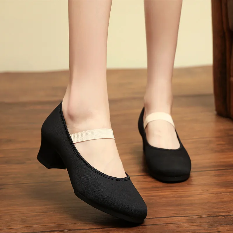 SUN LISA Women's Lady's Girl's Teacher's Dancing Shoes Soft Pointe Ballet Jazz Dance Shoes Canvas Chunky Heel