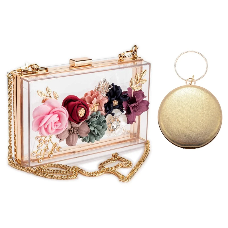 

ASDS-2PCS Round Shaped Women Evening Bags With Women PVC+ Fabric Flower Clutches Crossbody Floral Purse