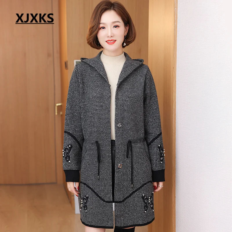 

XJXKS, новинка осень-зима 2022, свободное женское длинное шерстяное пальто, модная клетчатая вязаная куртка с капюшоном