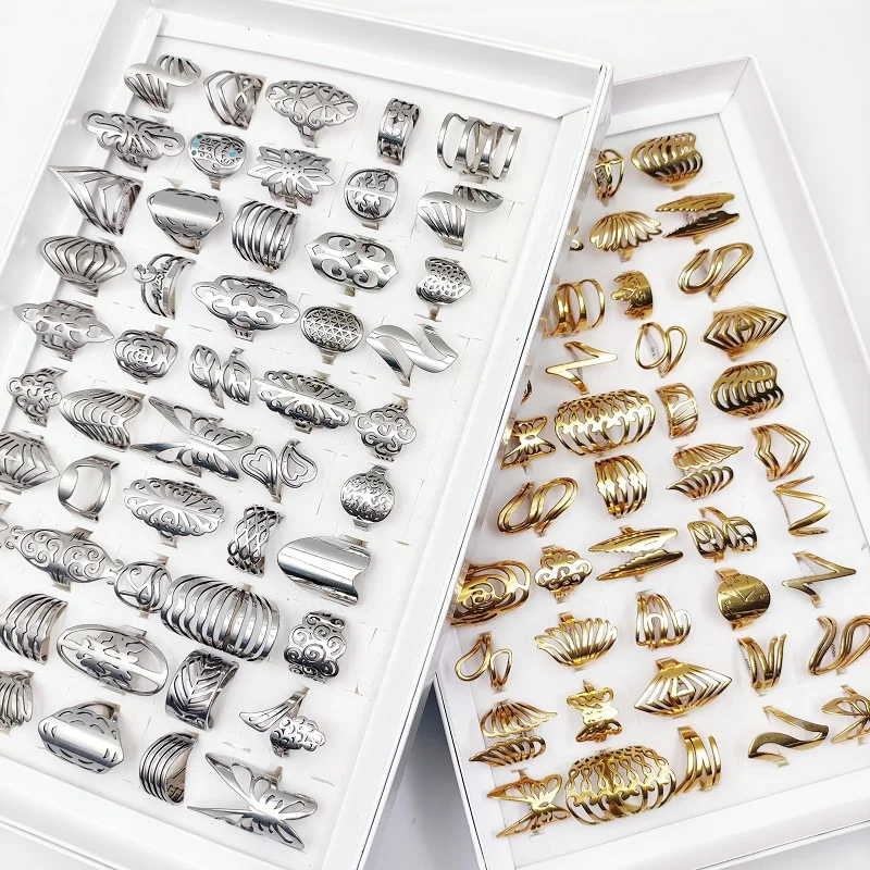 

20Pcs/Lot Fashion Stainless Steel Hollow Rings for Men and Women Mixed Style Heart Love Butterfly Flower Geometric Charm Jewelry