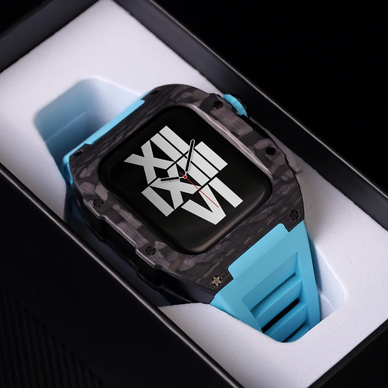 Luxury Carbon Fiber Modification Kit For Apple Watch 8 7 45mm Fluorine Rubber Strap Titanium Alloy Case for iWatch 6 5 4 SE 44mm