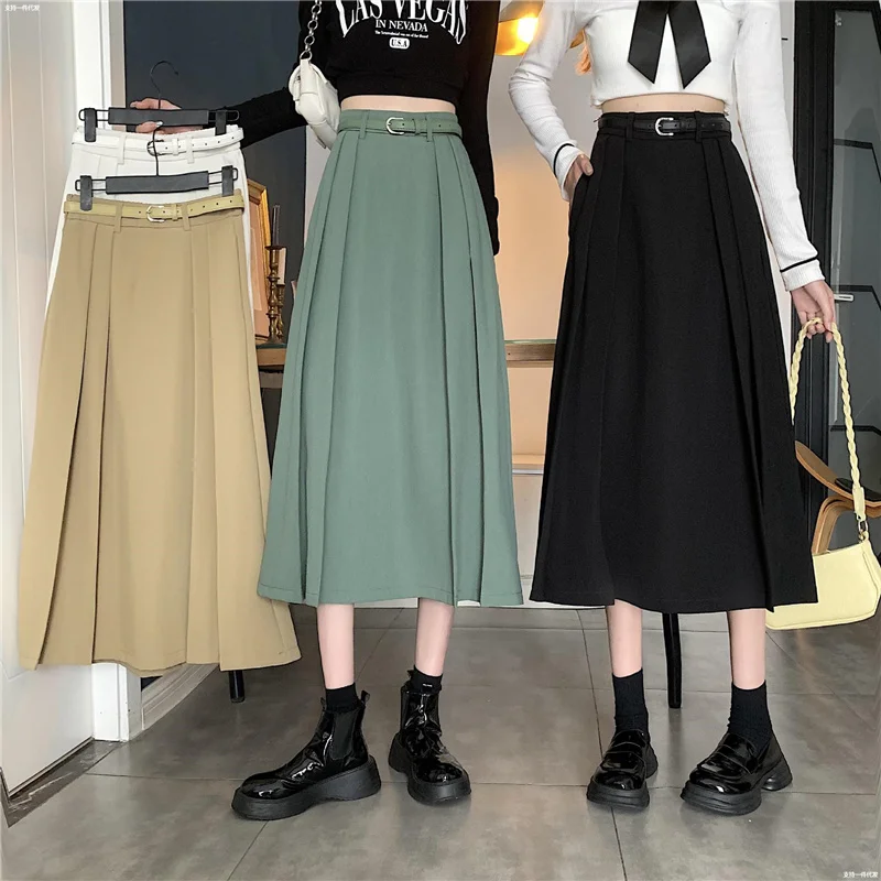 Green Spring Autumn Elegant High Waist A Line Skirt Women 2022 New Fashion Midi Long All-match Skirt Female Jupe Longue