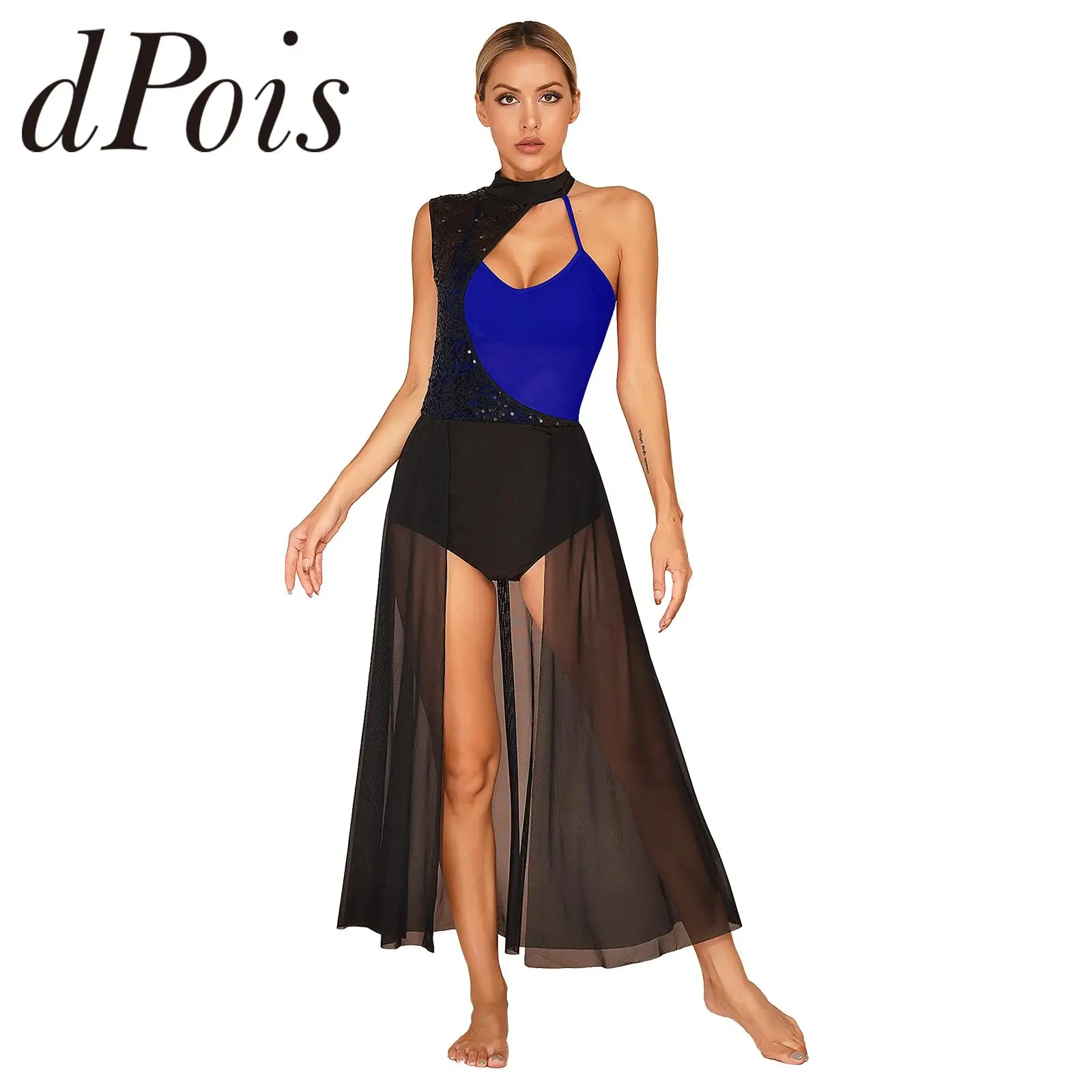 

Women Adult Ballet Dance Leotard Dress Sequined Mesh Maxi Dresses Stage Performance Ice Skating Clothes Lyrical Dancing Costumes