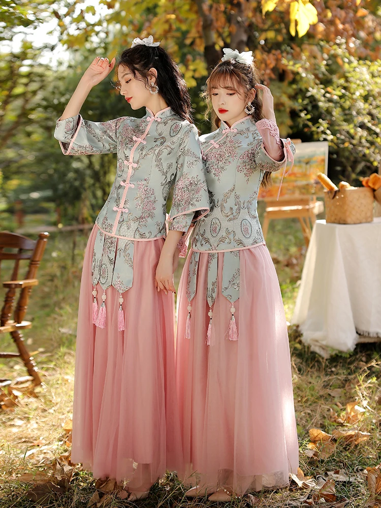 

2023 Chinese Fairy Sisters Bridesmaid Dress Set Women's Summer Elegant Tang Costume Hanfu Dresses China Style Traditional