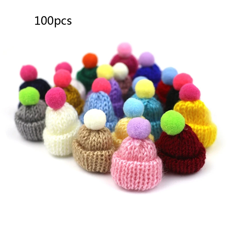 

100x/Set Pom Pom Hats Handmade Mini Finger Hat Xmas Tree Decor Knit Hats for DIY