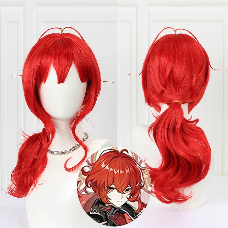 

Diluc Wig Genshin Impact Cosplay Red Hair Long Curly Styled Heat Resistant for Adult Men Women Halloween Role Play + Wig Cap