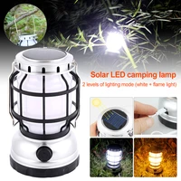solar led camping light portable flame lantern usb rechargeable outdoor emergency lighting tent lamp with hook 18650 battery