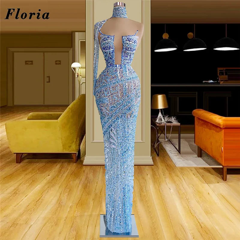 

Floria Haute Coutures Full Beaded Evening Dresses Robes De Soiree 2022 Formal Women Prom Gowns Arabic Long Illusion Party Night