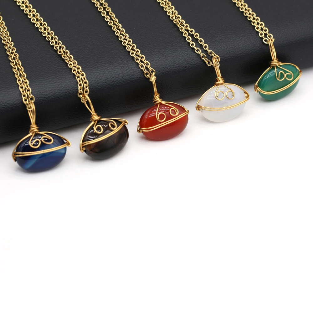 

Natural Stone Oval Agate Winding Copper Wire Pendant Necklace For Jewelry MakingDIY Necklace Accessories Charm Gift Party21x22mm