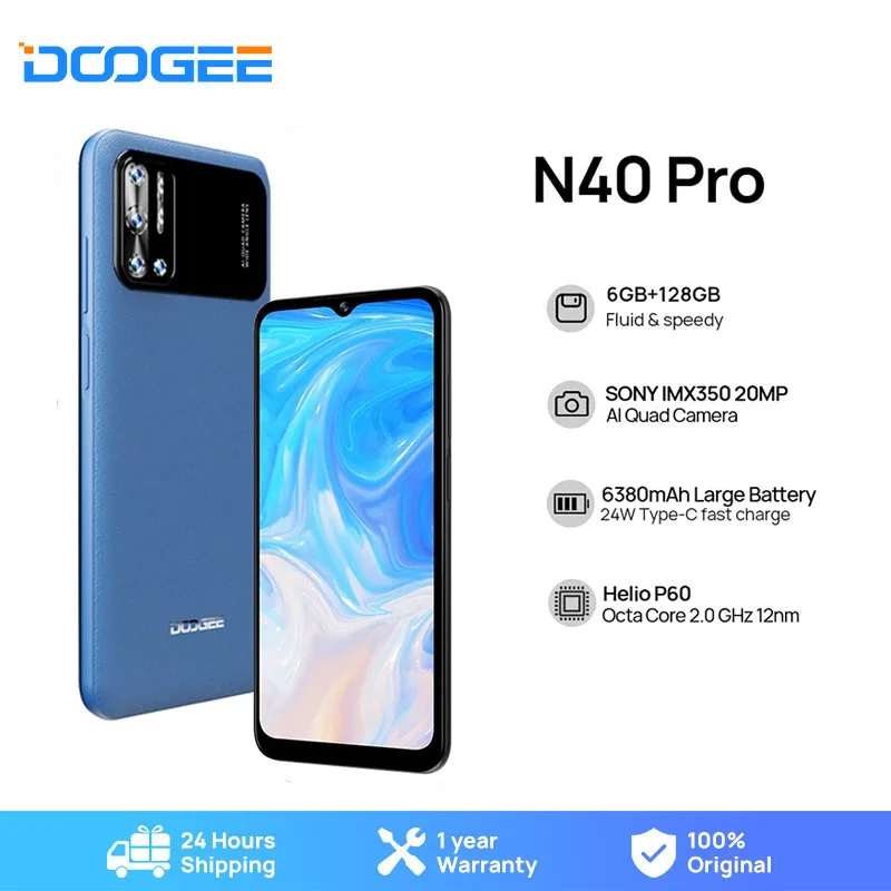 DOOGEE N40 Pro Smartphone 6.5 inch 20MP Quad Camera Helio P60 6GB+128GB Cellphone 6380mAh Battery 24W fast Charging