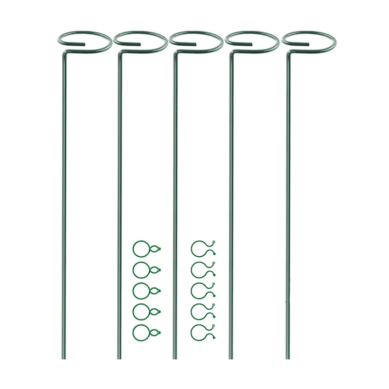 

Plant Support Stakes,5Pack Garden Support Metal Single Stem Support Stick with 10Pcs Plant Clips Plant Cage Support Ring