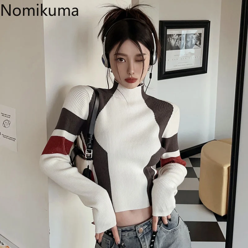 

Nomikuma Sweater Women Spring Autumn Turtleneck Contrast Color Patchwork Long Sleeve Tees Vintage Harajuku 2000s Clothes Y2k