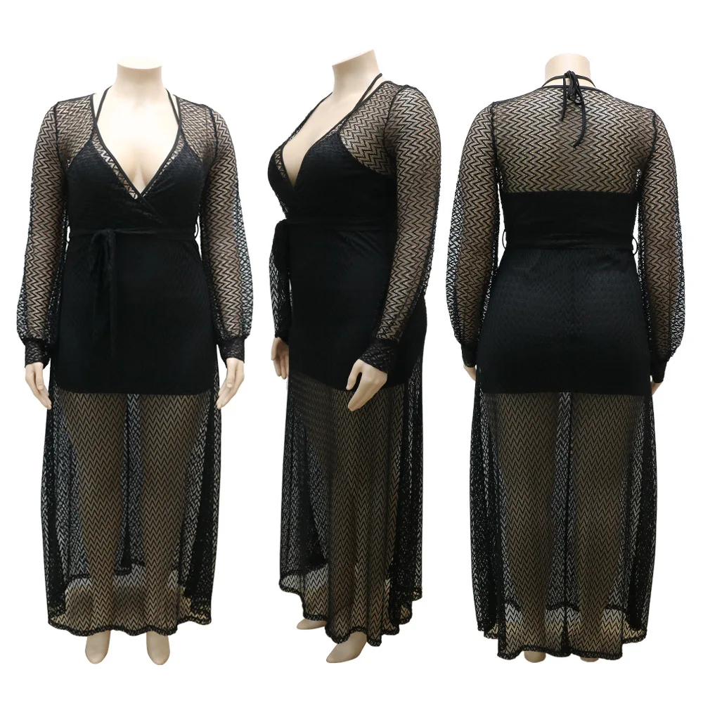 Plus Size Women Party Dresses Elegant Mesh See Through Dresses Lady Fashion Prom Evening Gown 2022 Autumn Two Piece Set Outfits