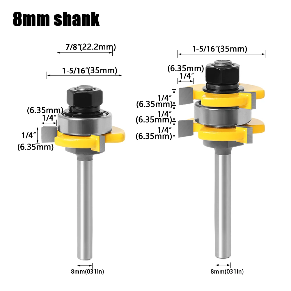 Фрезы JGZUI 2 шт., 8 мм, 12 мм, 3-зубые, с язычком и пазом