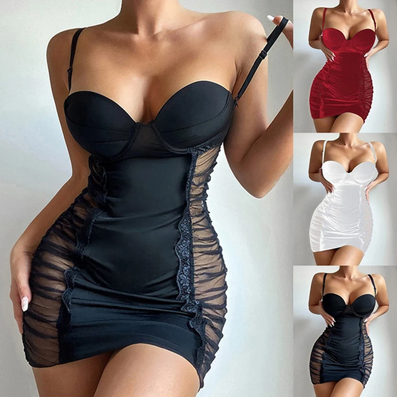 

Sexy Pajamas Women Lace Nightdress Robe Suspender Nightgrown With Underwire Lounge Wear Mesh See Through Female Sleepwear