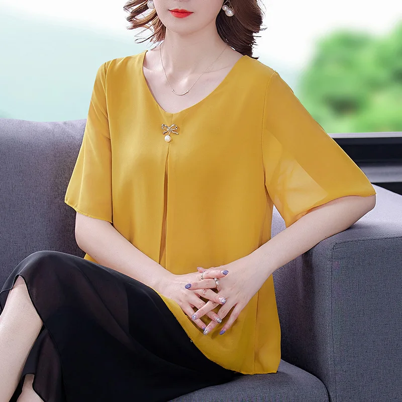 100 Kg Suitable Big Size Mother's Chiffon Shirt Summer Elegant Women Chiffon T-shirt 5XL Women's Short Sleeve New Korean Loose