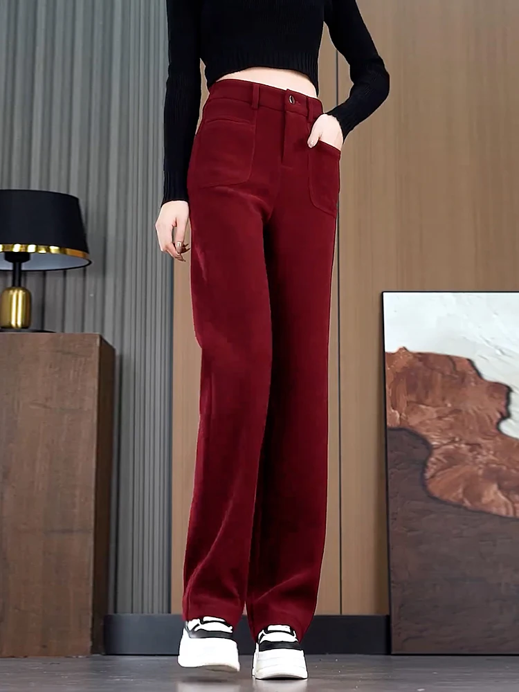 Плюс размеры вельветовые прямые брюки из синели на флисовой подкладке женские