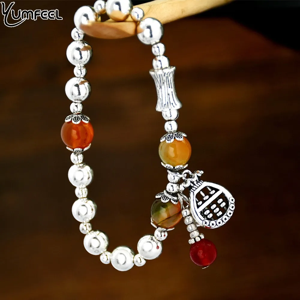 Новый браслет Yumfeel из агата с серебряным покрытием и бусинами, милый браслет с подвесками из Красного камня, браслеты на удачу, модный подарок на день матери