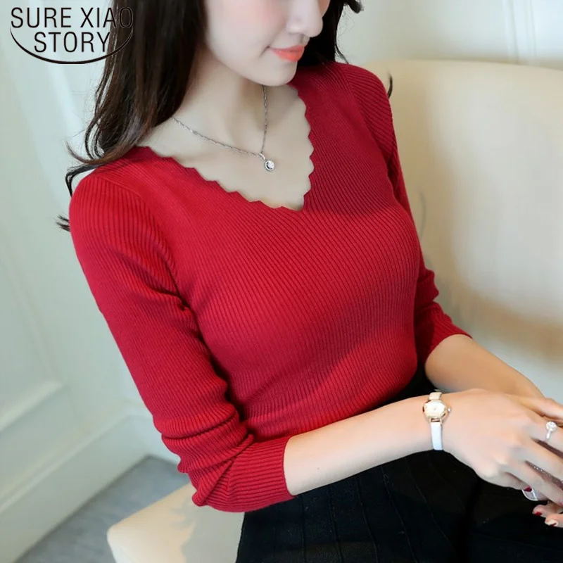 

2023 Autumn Long Sleeve Sweater Women Winter Spring Pullover Solid Black White Knitted Sweater Top Wave Cut V-neck Basic Office