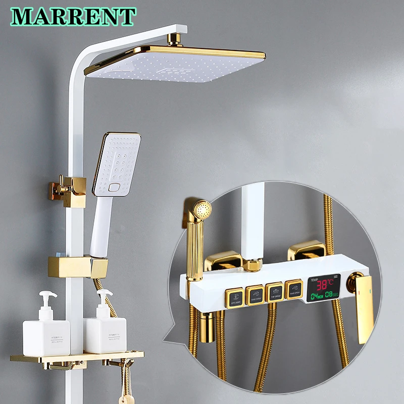 

Hot Cold Digital Bathroom Shower System Set of ABS Rainfall Shower Head Brass Bathroom Mixer Faucets Thermostatic Shower Set